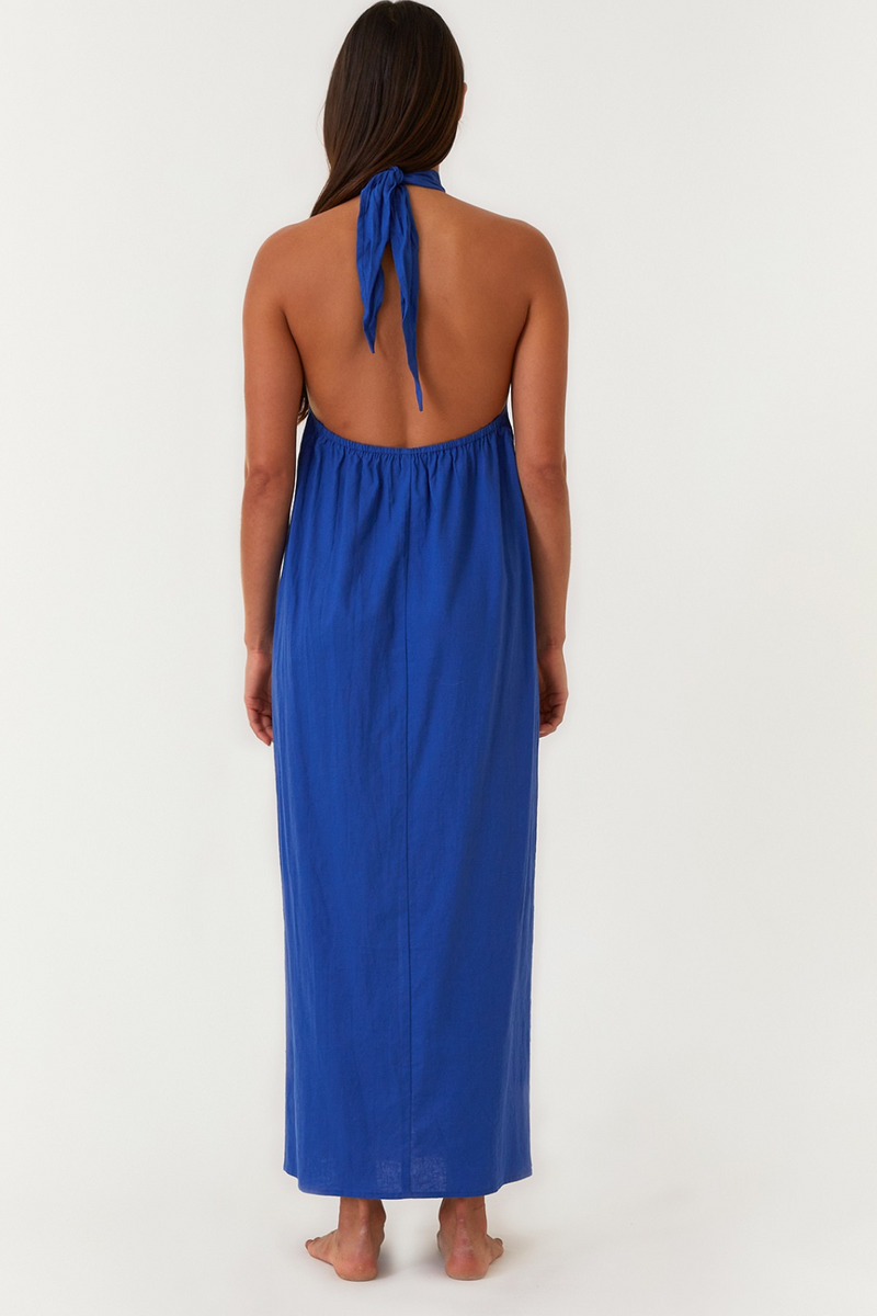 Cobalt Blue Open Back Twist Halter Maxi Dress