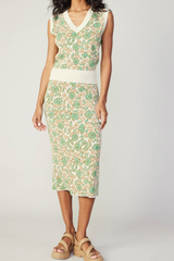 Green Floral V-Neck Sleeveless Knit Top