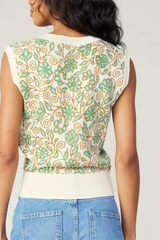 Green Floral V-Neck Sleeveless Knit Top