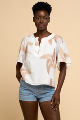 Off White/Tan  Alexia Embroidered Pinwheel Flutter Sleeve Top