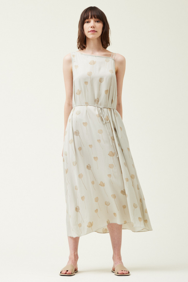Satin Floral Print Asymmetric Neckline Dress