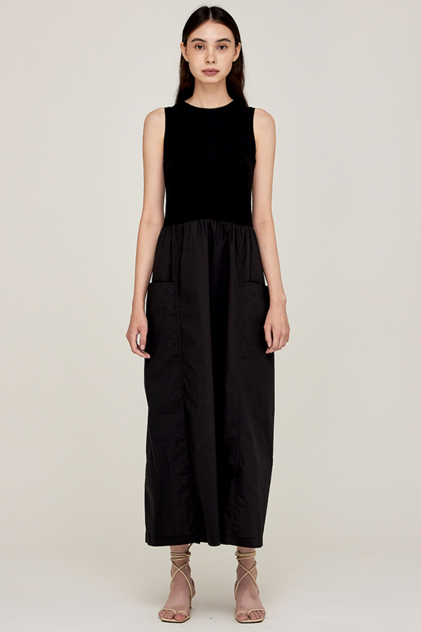 Black Jersey Mix Sleeveless Maxi Dress