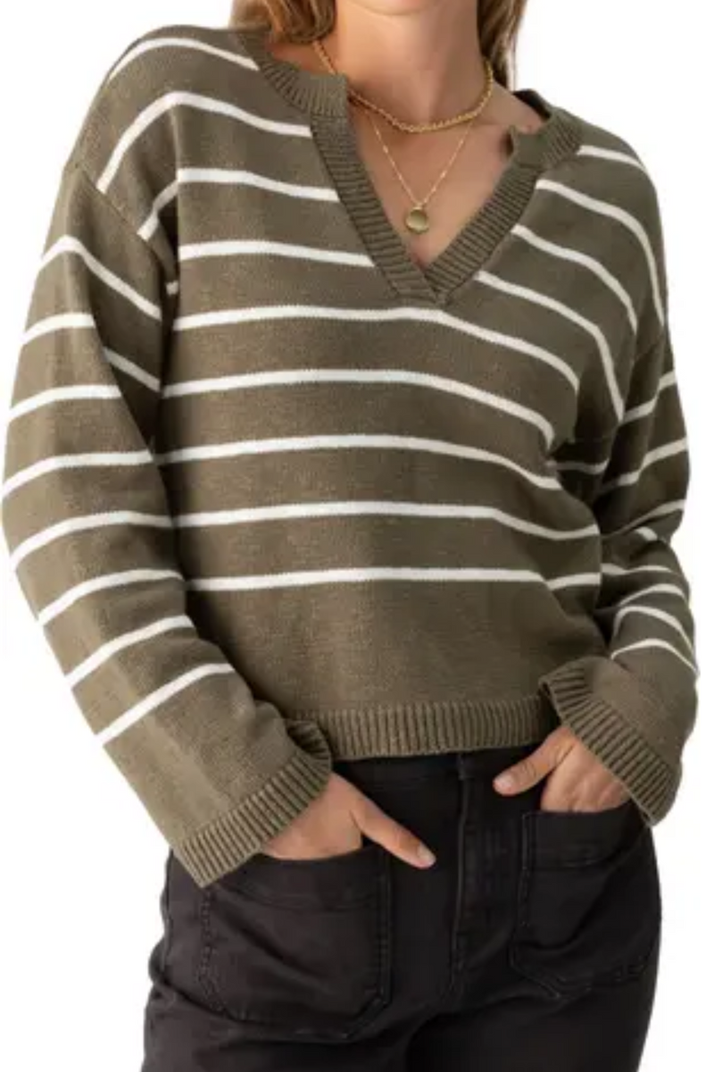 Olive Strip Chill Vibes Stripe Long Sleeve Sweater