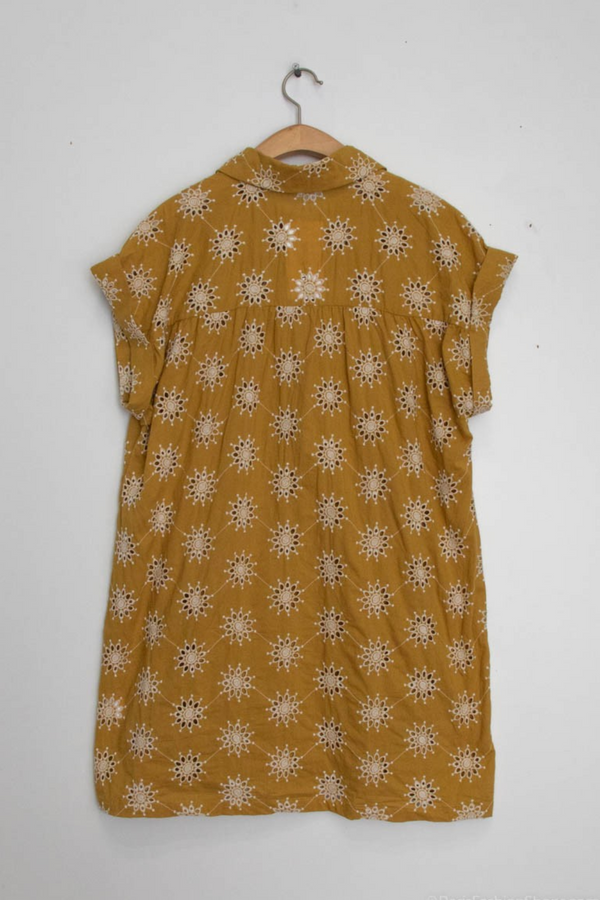 Mustard Short Sleeve Embroidered Dress