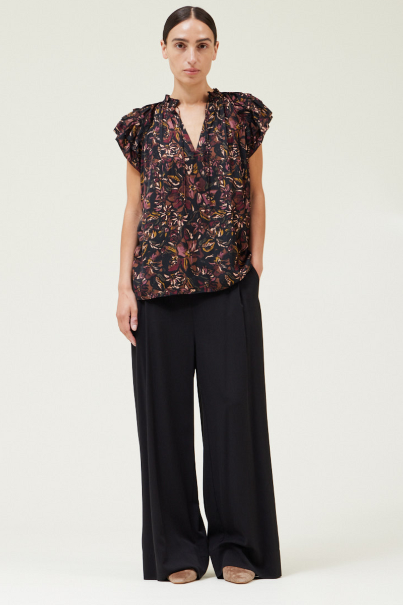 Black Floral Print Short Sleeve Top