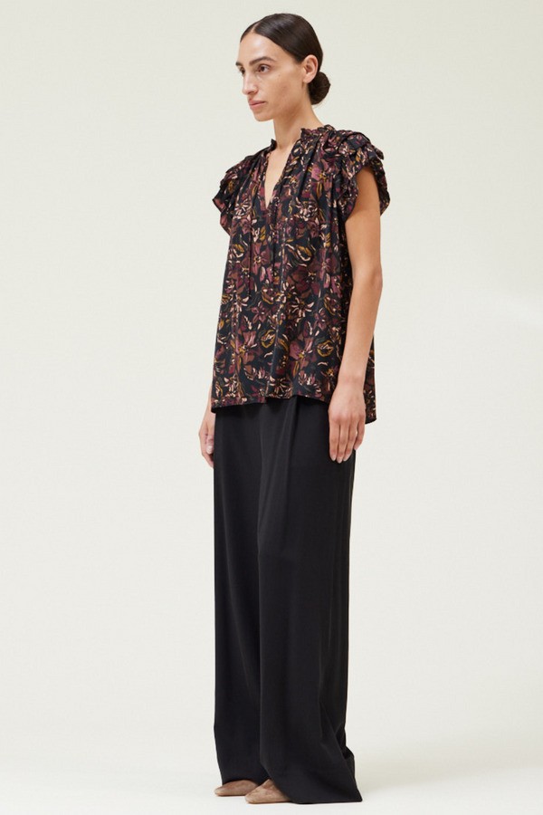 Black Floral Print Short Sleeve Top