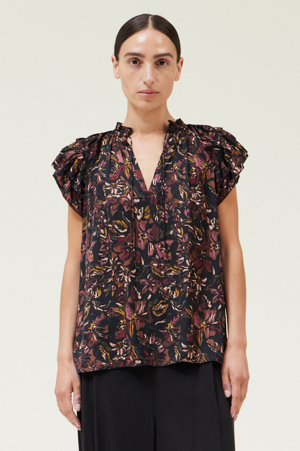 Black Floral Print Short Sleeve Top