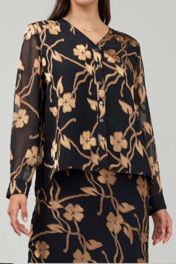 Black and Gold Floral Button Up Long Sleeve Top