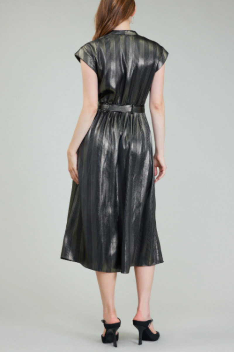 Black and Gold Glimmer Short Sleeve Midi Dress S / Striped / Polyester Black and Gold Glimmer Short Sleeve Midi Dress S / Striped / Polyester