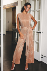 Golden Sand Velvet Pleated Tie Waist Jumpsuit