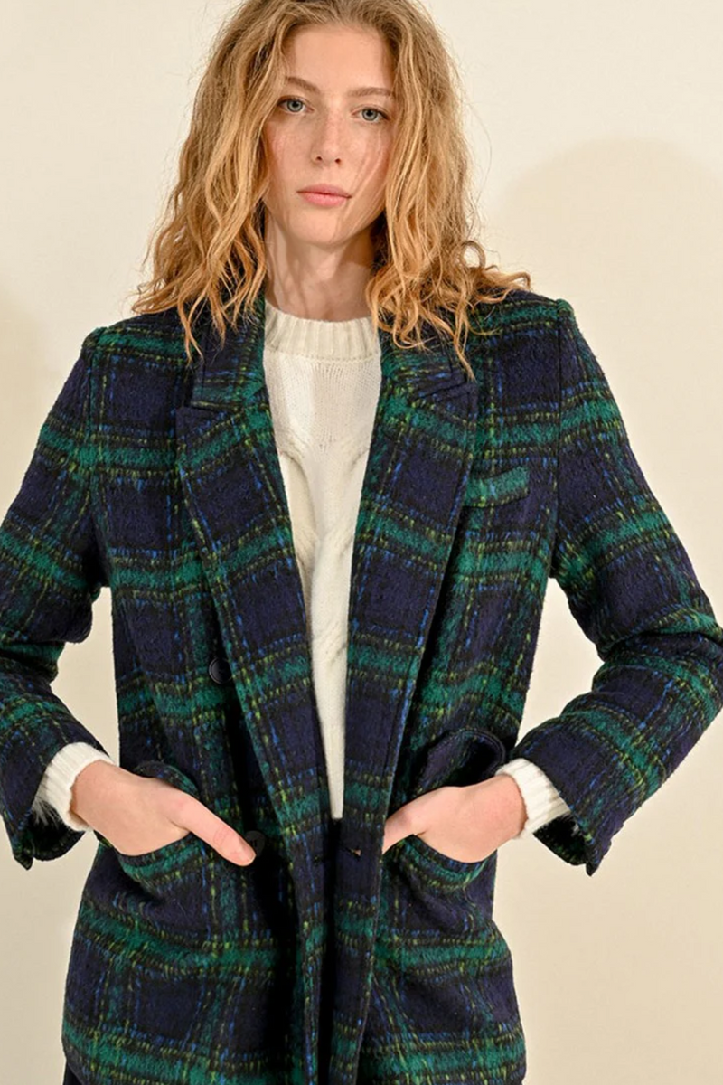Navy/Green Plaid Double Breasted Coat – April Blooms Navy/Green Plaid Double Breasted Coat – April Blooms