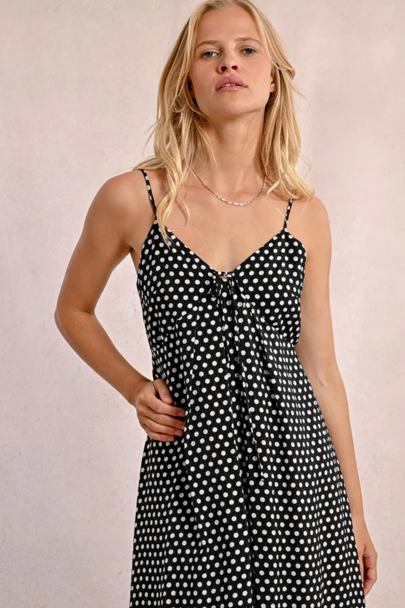 Black and White Polka Dot Spaghetti Strap Tie Back Dress – April