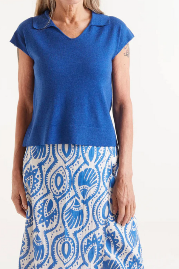 Blue V-Neck Short Sleeve Top
