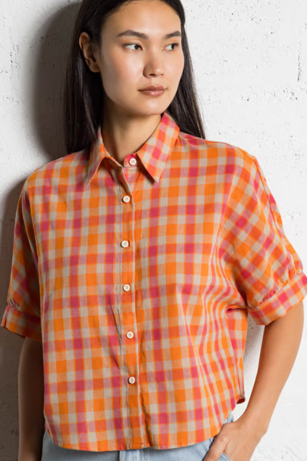 Orange Pink Plaid Print Short Sleeve Top