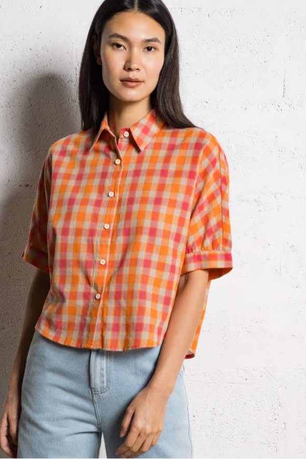 Orange Pink Plaid Print Short Sleeve Top