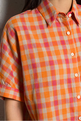 Orange Pink Plaid Print Short Sleeve Top