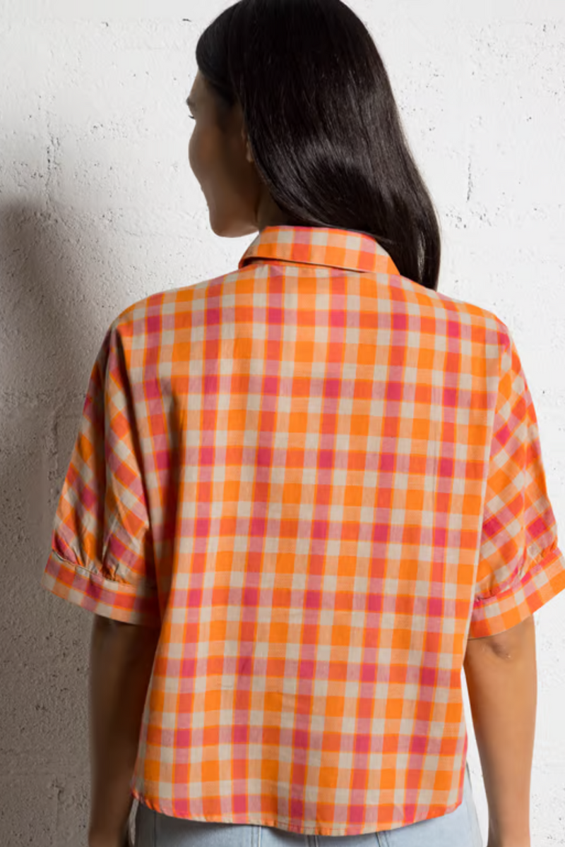 Orange Pink Plaid Print Short Sleeve Top