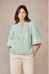 Mint Green with Detailed Cream Embroidery Tie Front Mid Sleeve Top