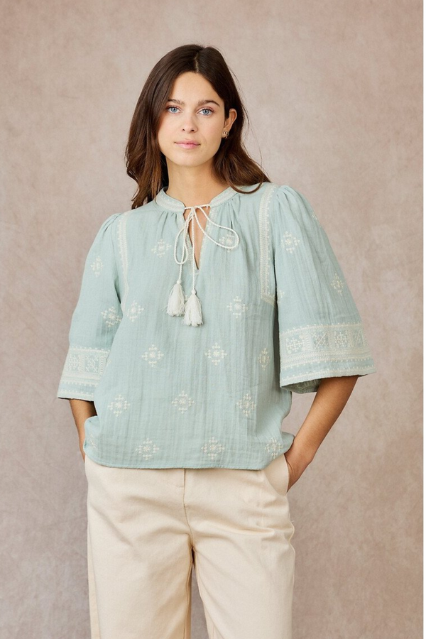 Mint Green with Detailed Cream Embroidery Tie Front Mid Sleeve Top