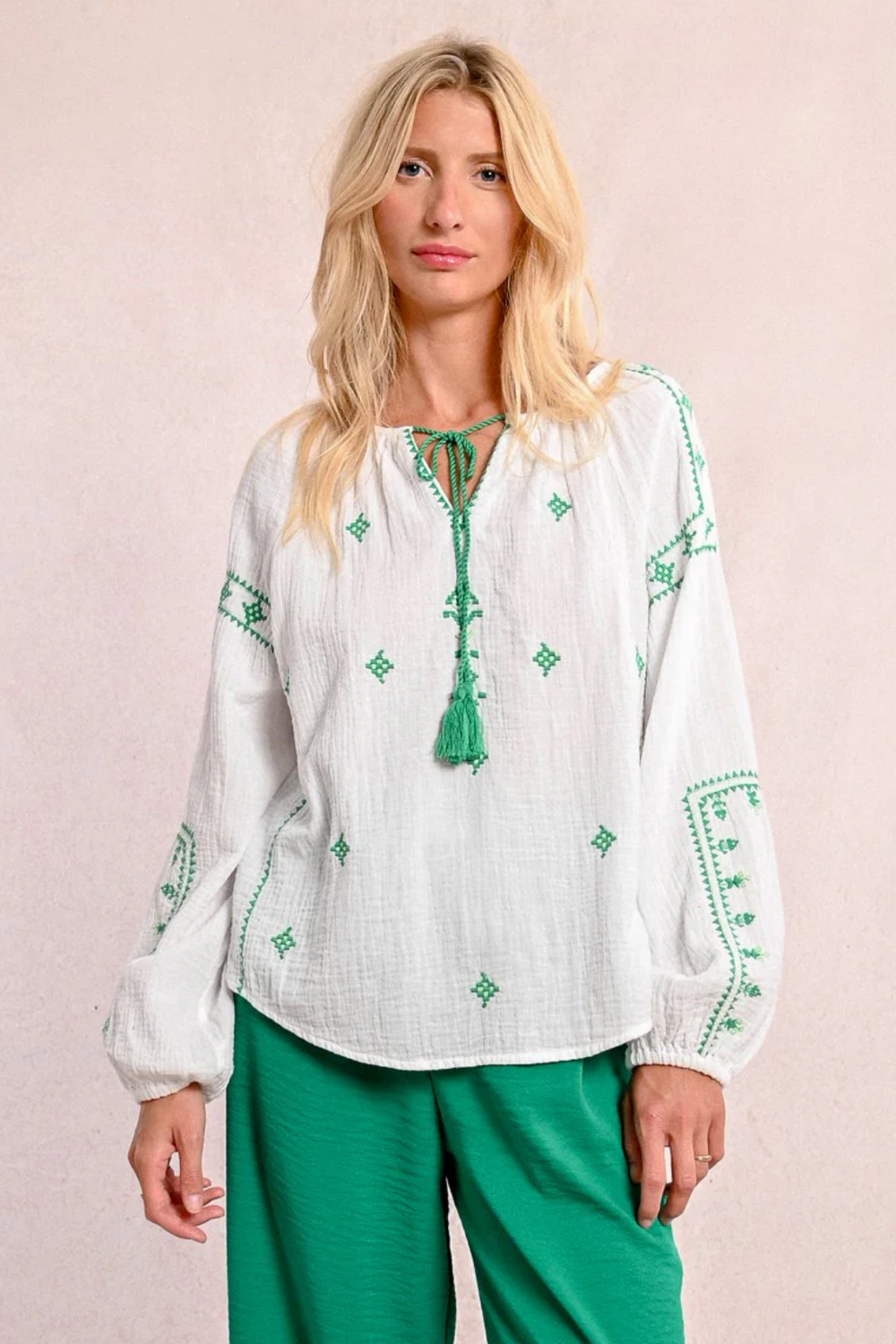 White with Green Embroidery Long Sleeve Top – April Blooms