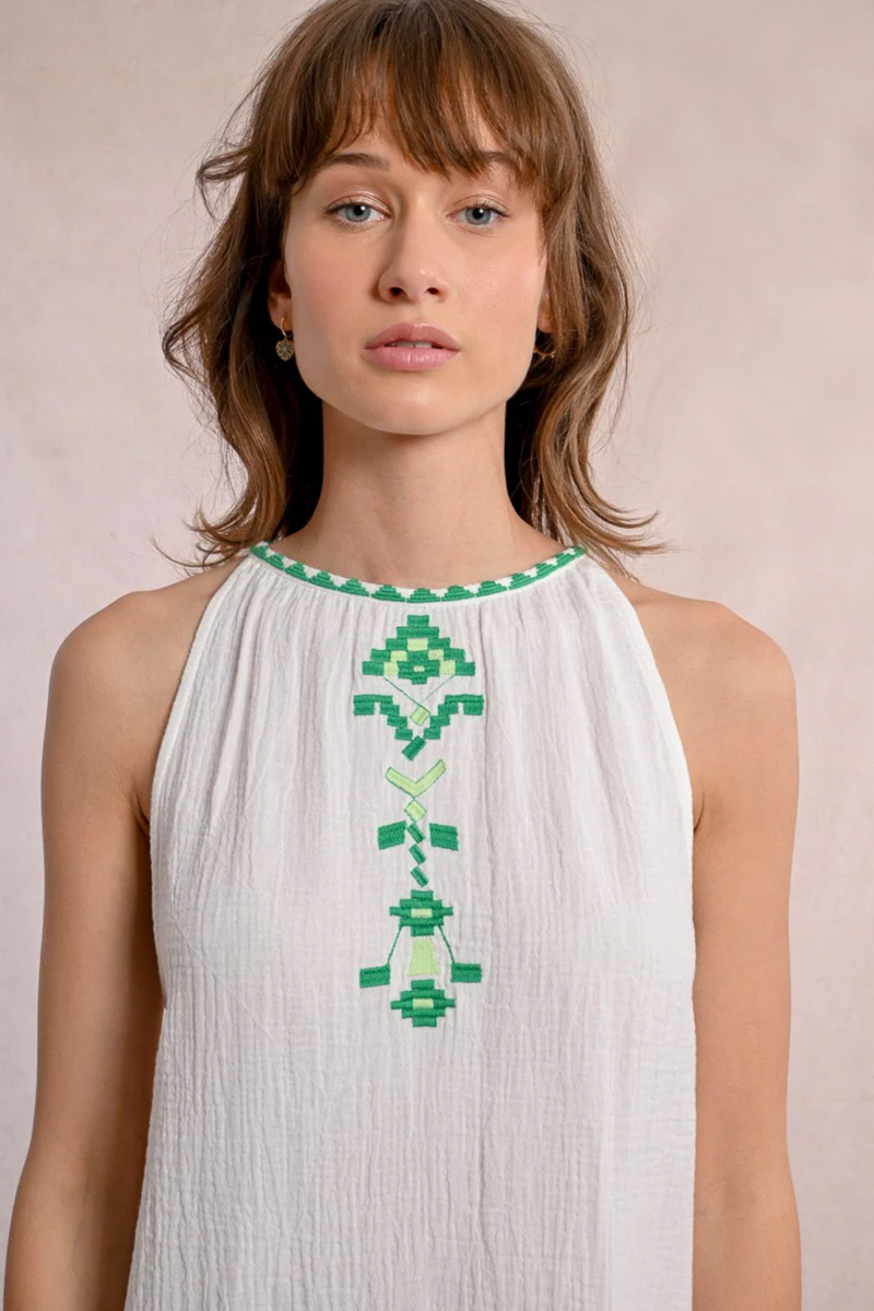 White with Green Embroidery Cotton Gauze Dress April Blooms White with Green Embroidery Cotton Gauze Dress April Blooms