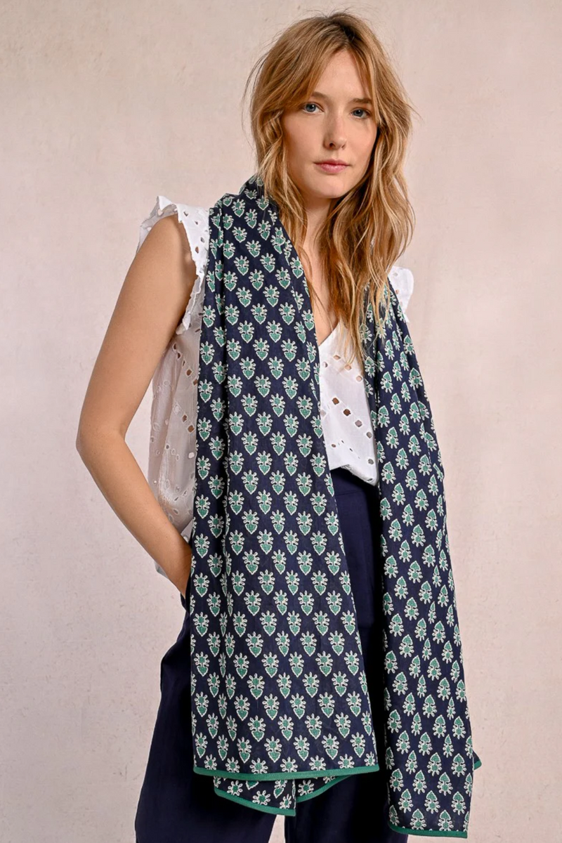 Navy Green Ethnic Print Scarf