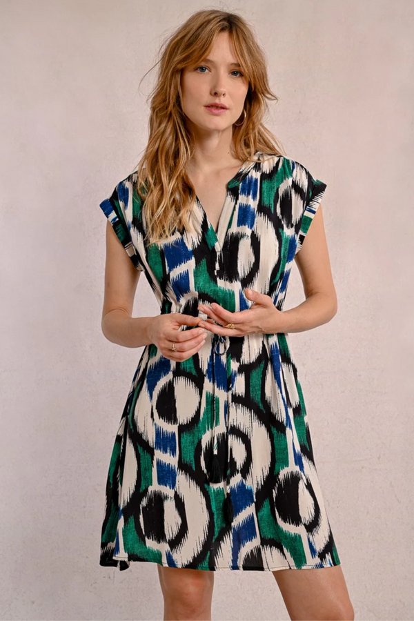 Black Green Short Sleeve Printed Dress