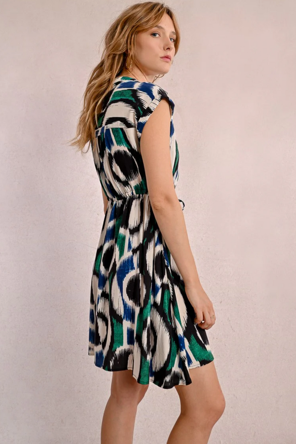Black Green Short Sleeve Printed Dress