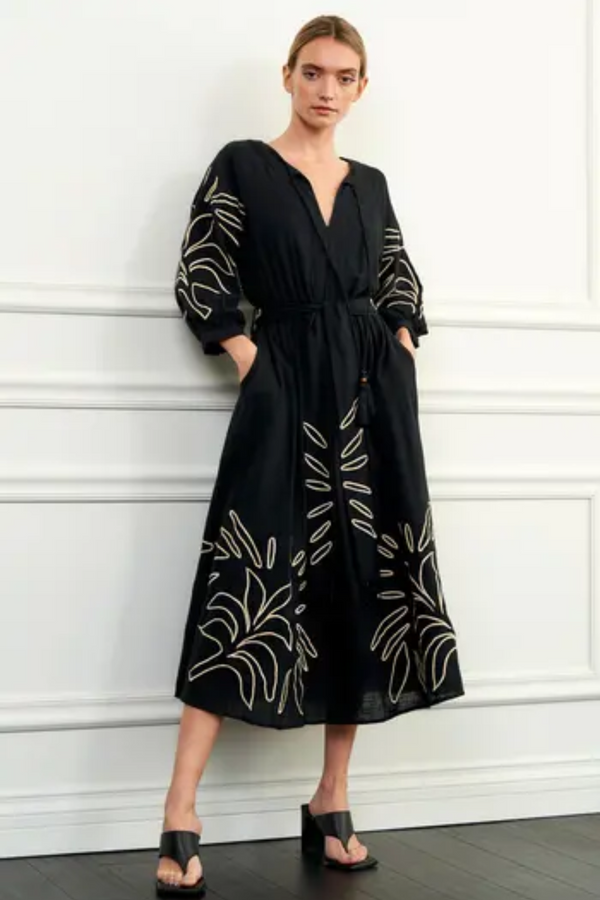 Black Eliza Embroidered A-Line Dress