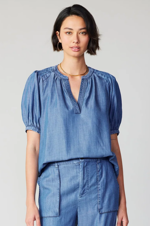 3Q Sleeve Denim V-Neck Blouse w/ Pleated Detail on Shoulder