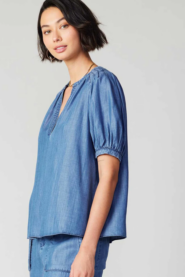 3Q Sleeve Denim V-Neck Blouse w/ Pleated Detail on Shoulder