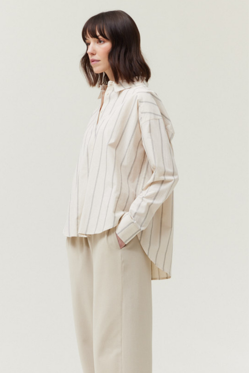Natural Striped Oversized Fit Button Front Top