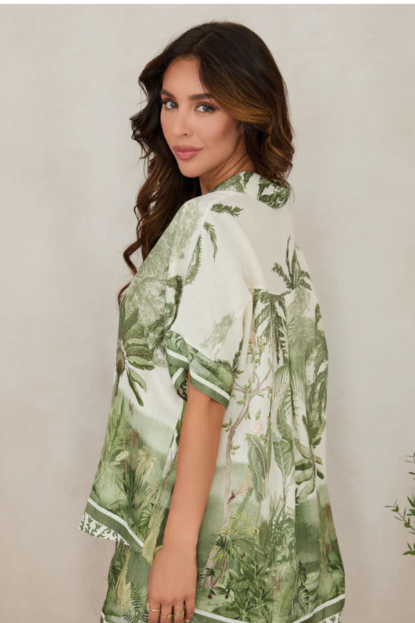 Tropical Palm Tree Button Front Linen Top