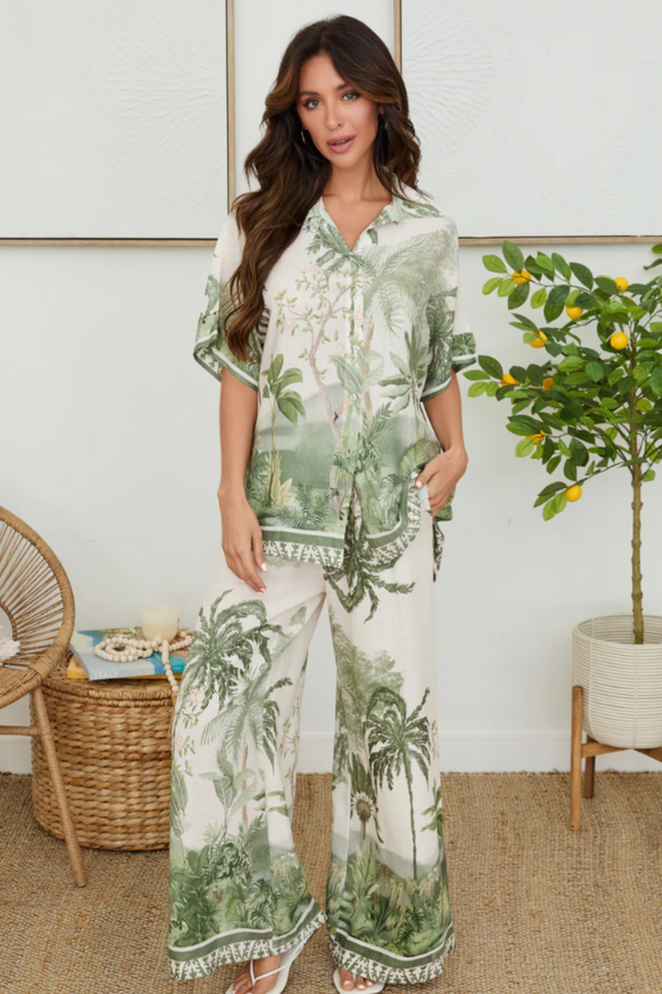 Tropical Palm Tree Wide Leg Linen Pants