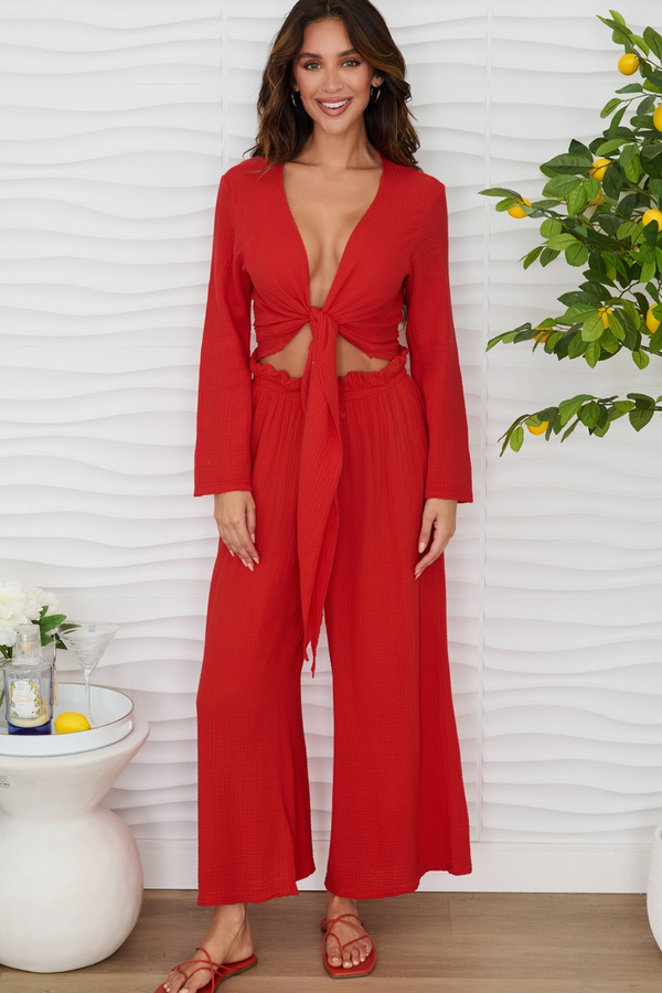 Red Cotton Gauze Drawstring Pants