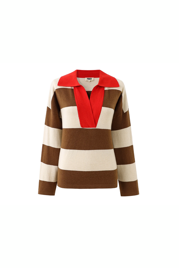 Stripe Brown with Orange Collar Polo Style Colchique Sweater