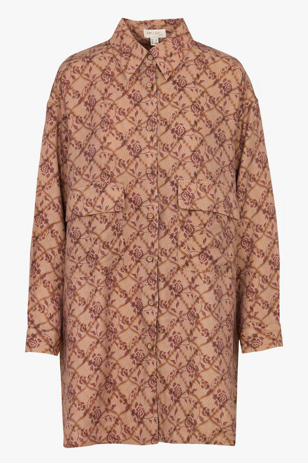 Beige Floral Long Sleeve Shirtdress