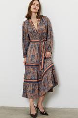 Brown/Navy Print Long Sleeve Tie Front Dress
