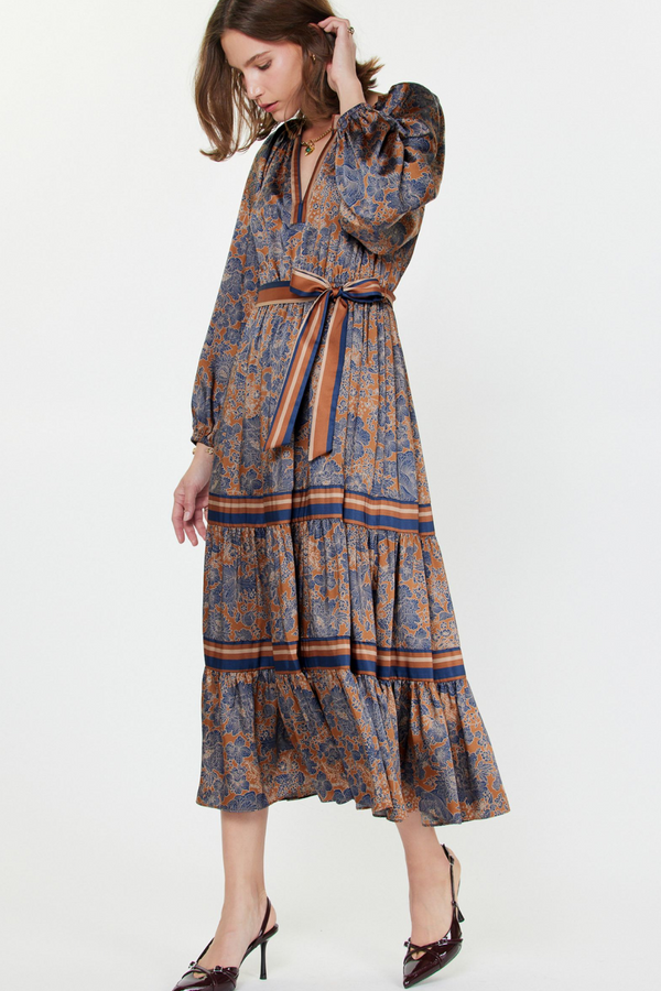 Brown/Navy Print Long Sleeve Tie Front Dress