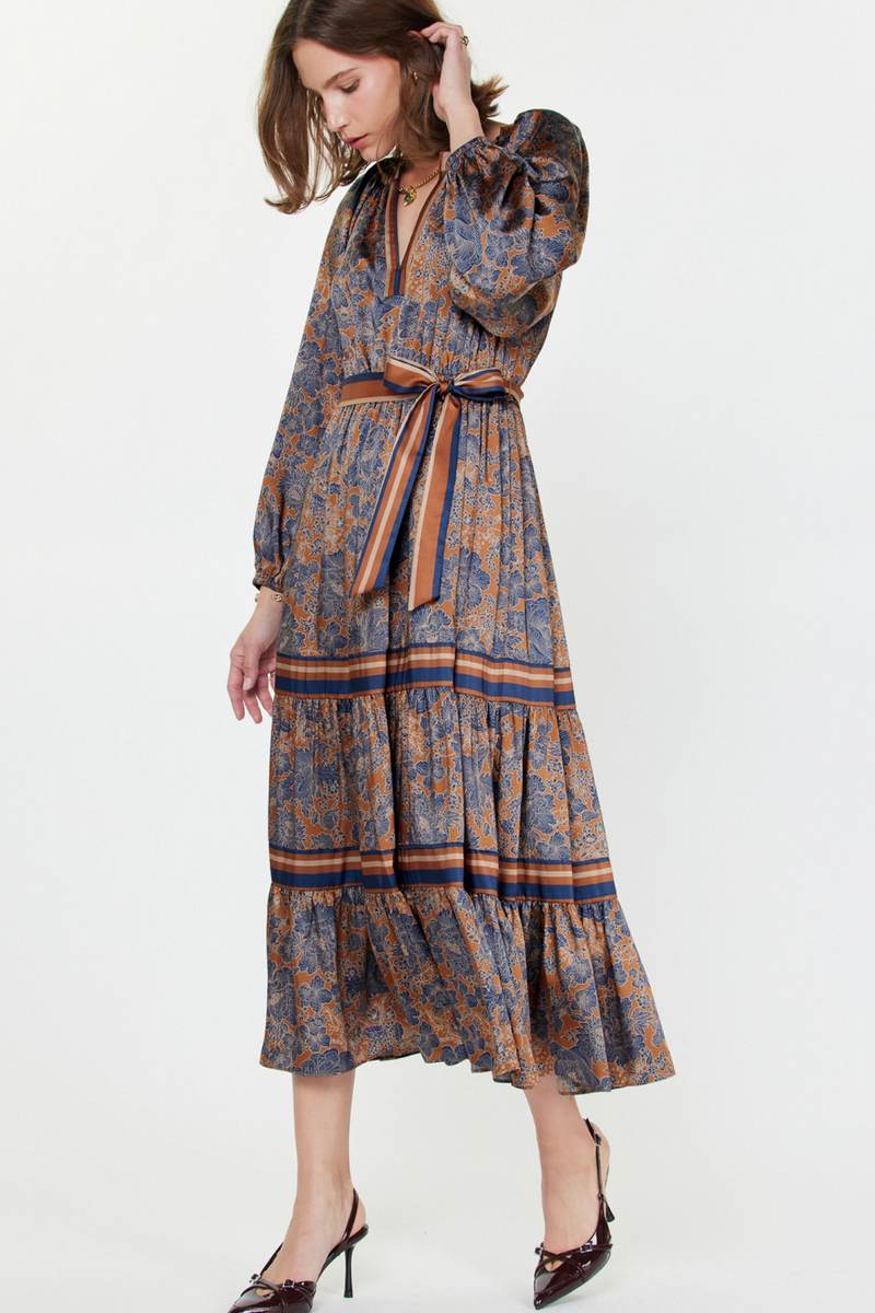 Brown/Navy Print Long Sleeve Tie Front Dress