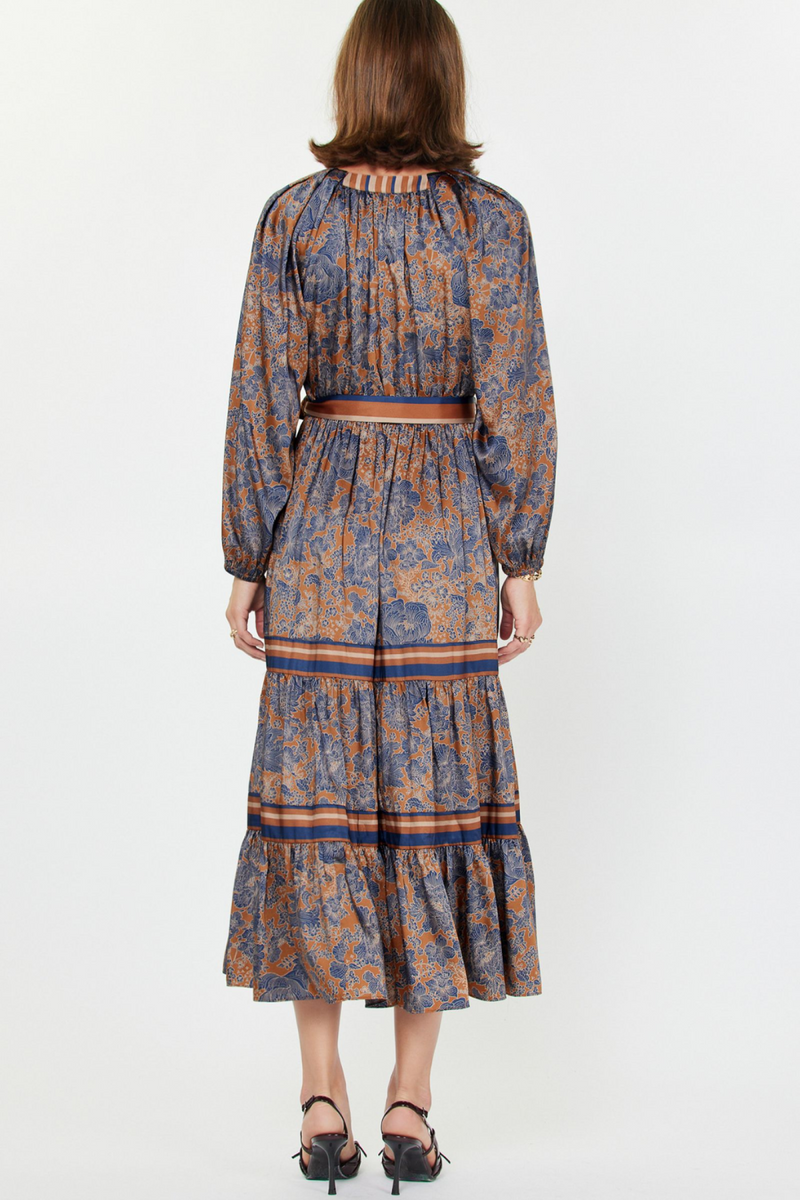 Brown/Navy Print Long Sleeve Tie Front Dress