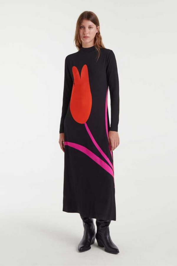Tulip Print Black Dress