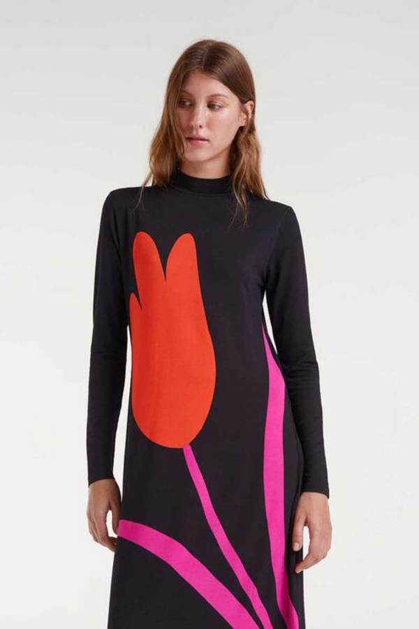 Tulip Print Black Dress
