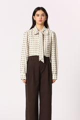 Jacquard Printed Cream Front Tie Blouse