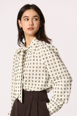 Jacquard Printed Cream Front Tie Blouse
