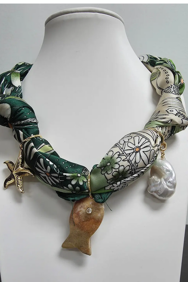 Design Scarf Necklace with Pearl Charm, Gemstone Fish, Gold Sea Star