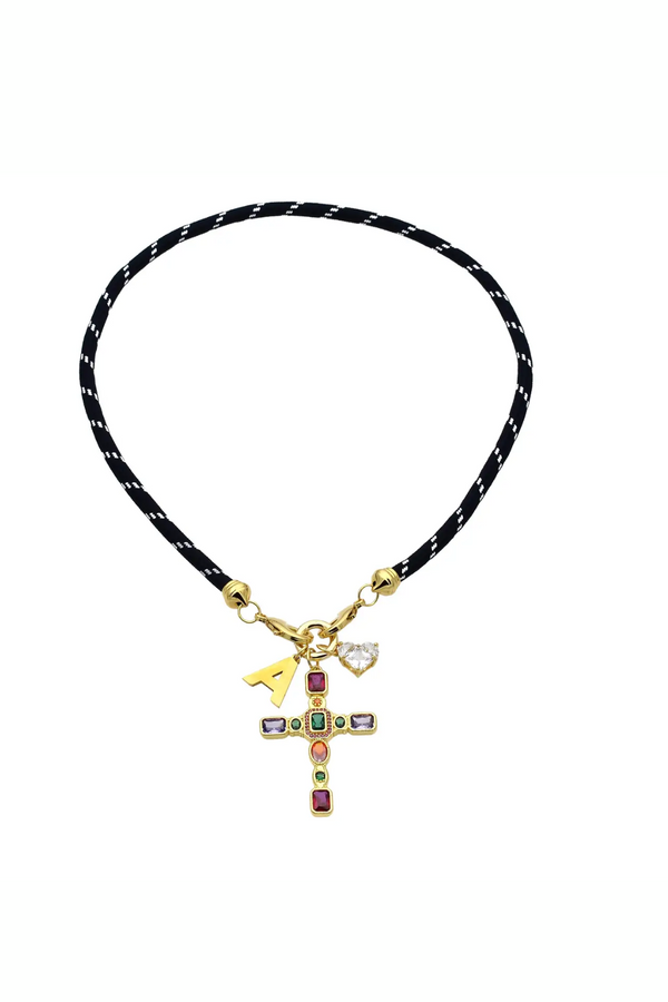Black Cord Necklace with Colorful Cubic Zirconia Cross Charm