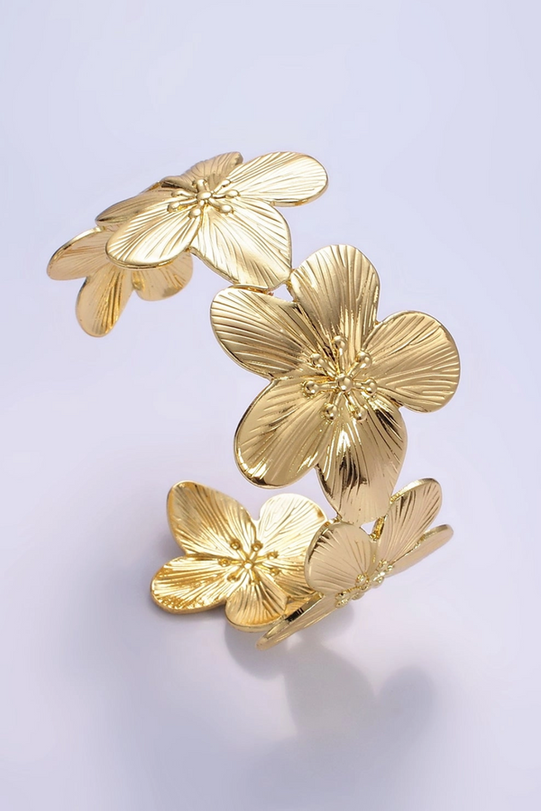 Gold 50mm Flower Textured Wide Cuff Bracelet