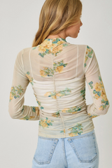 Mock Neck Beige Floral Ruching Top