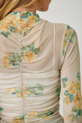 Mock Neck Beige Floral Ruching Top